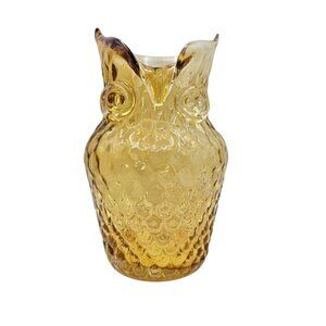 Vintage Quilted Pattern Amber Owl Vase 7.5" Hand-Blown Glass Pontil Mark